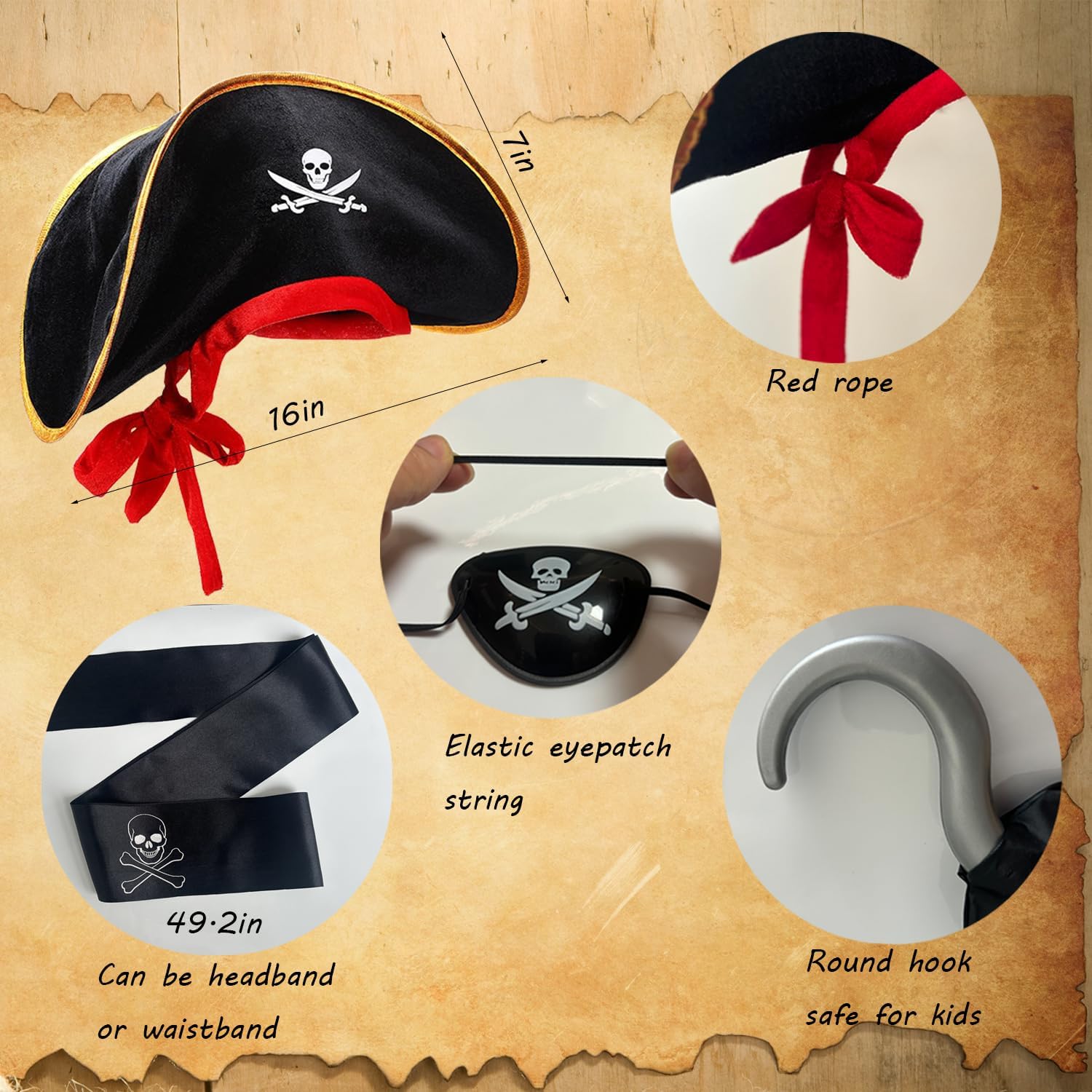 MEDIUM 5Pcs Pirate Costume Kids,Girls Pirate Costumes Halloween Pirate Dress Up Pirate Accessories for Kids Gift